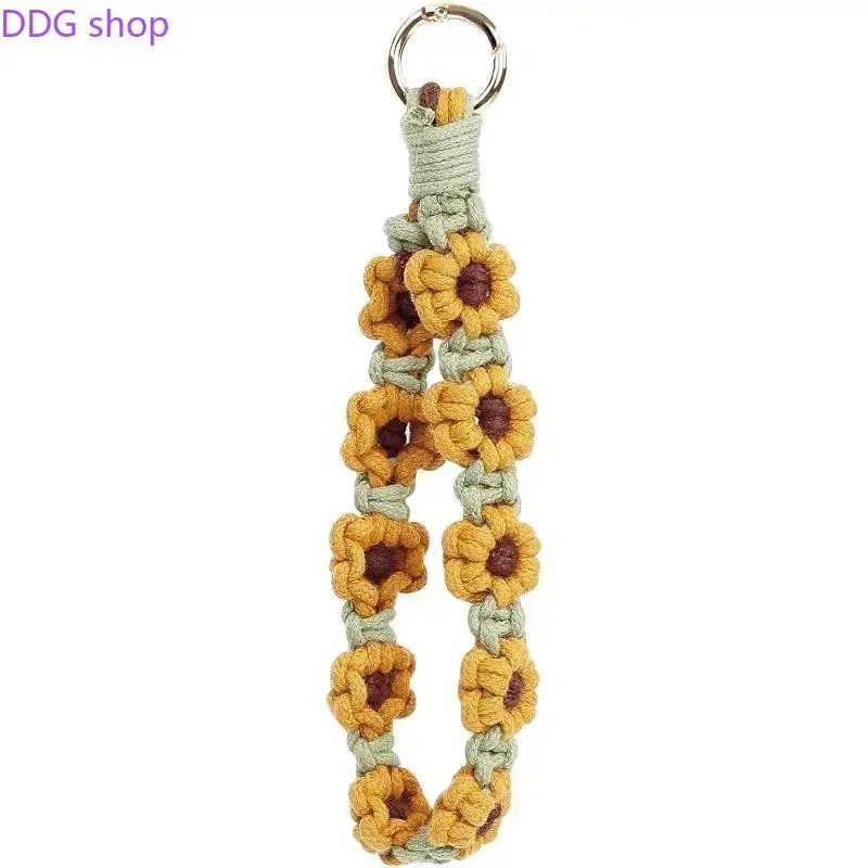 Boho Sunflower Macrame Keychain Wristlet, Handmade Cotton Wrist Key Holder, Casual Bohemian Fabric Keyring Strap, Cute Stylish Accessory for Keys, Bags & Daily Use