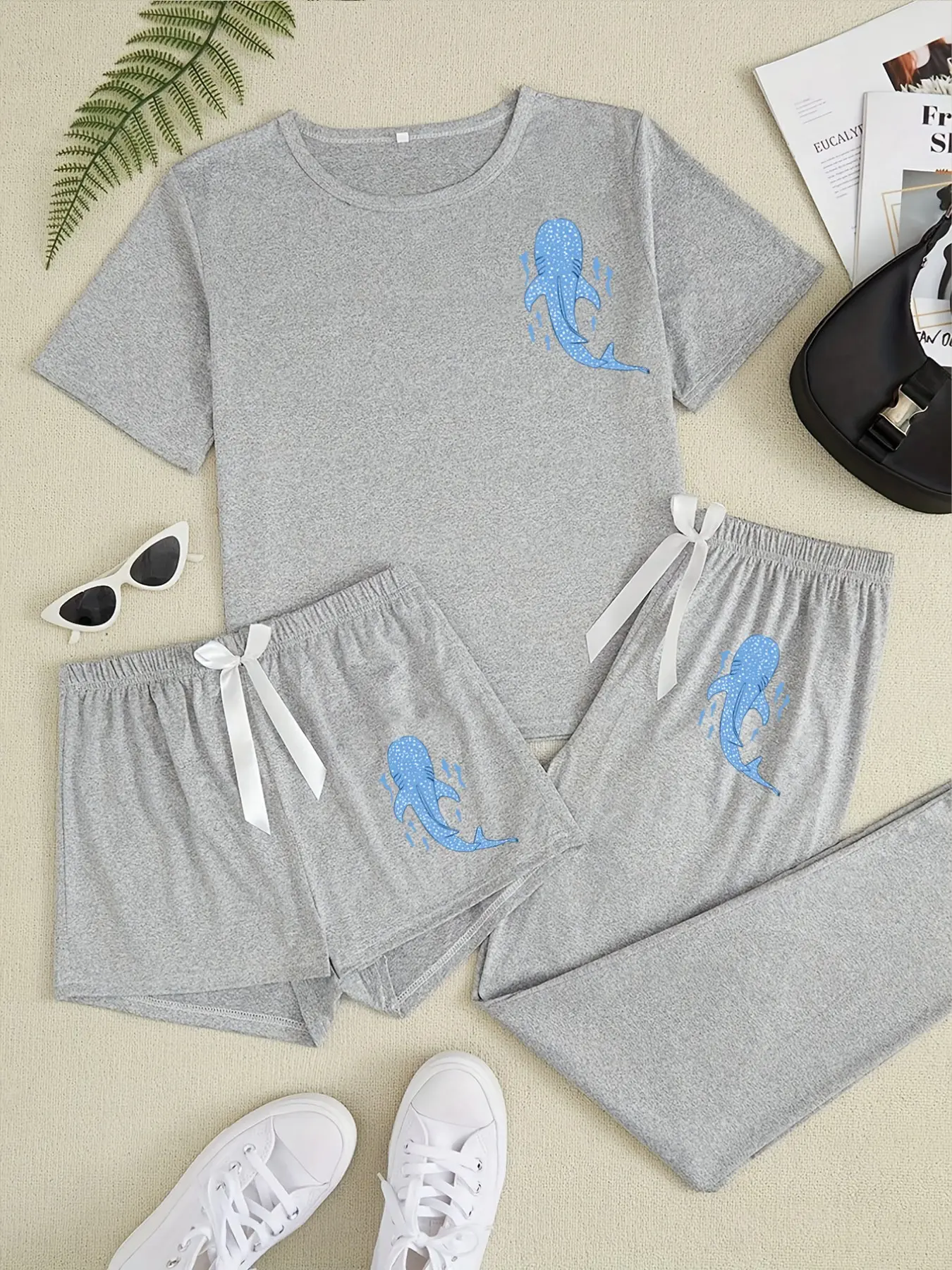 Blue Whale Shark Three-Piece Home Wear Set, Cartoon Pattern, Loose-Fitting, Casual Style, All Seasons, Comfortable Lounge, Comfy Lounge Pants, Cartoon Print Pajama Set, Nightwear, Womenswear, Loungewear, Pjs