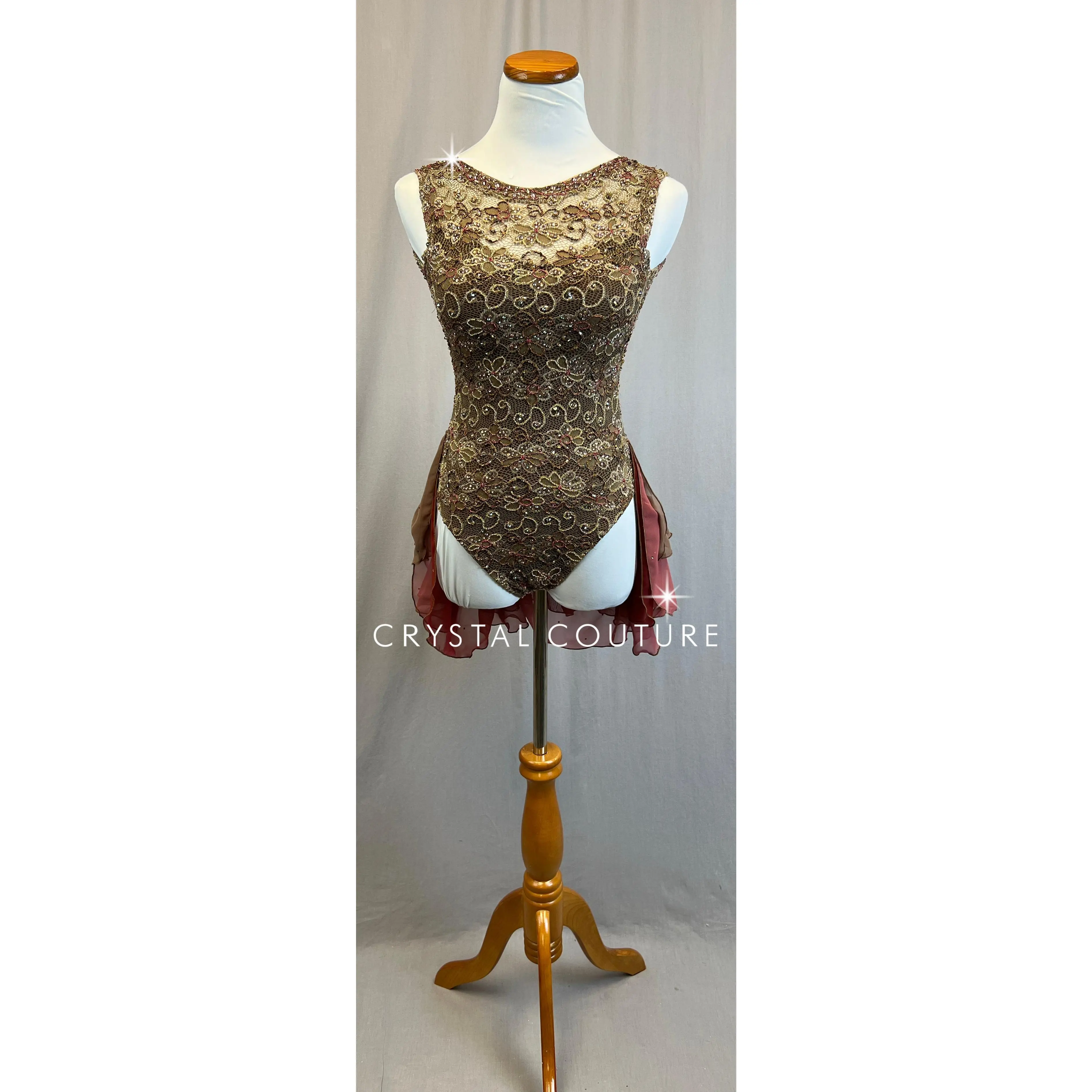 *Custom* Tan and Brown Beaded Leotard with Chiffon Half-Skirt - Rhinestones