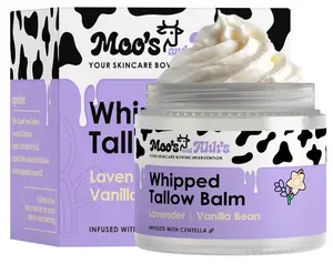 Moo's and Ahh's 100% Natural Whipped Tallow Balm - Beef Tallow for Skin with Organic Centella and Olive Squalane | Grass-Fed Beef Tallow Face & Body Moisturizer for Dry Skin (2 Oz, Lavender + Vanilla Bean) Body Balm