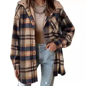 Women's Flannel Hooded Plaid 2026 Shacket Thick Coat Winter Coat for Warmth Button down Warm and Fuzzy Fleece Jacket knit half-zip sweatshirt hoodie pant bottom womenswear gardenia fragrance heated sculpt loose long sleeve pocket jacket Waist