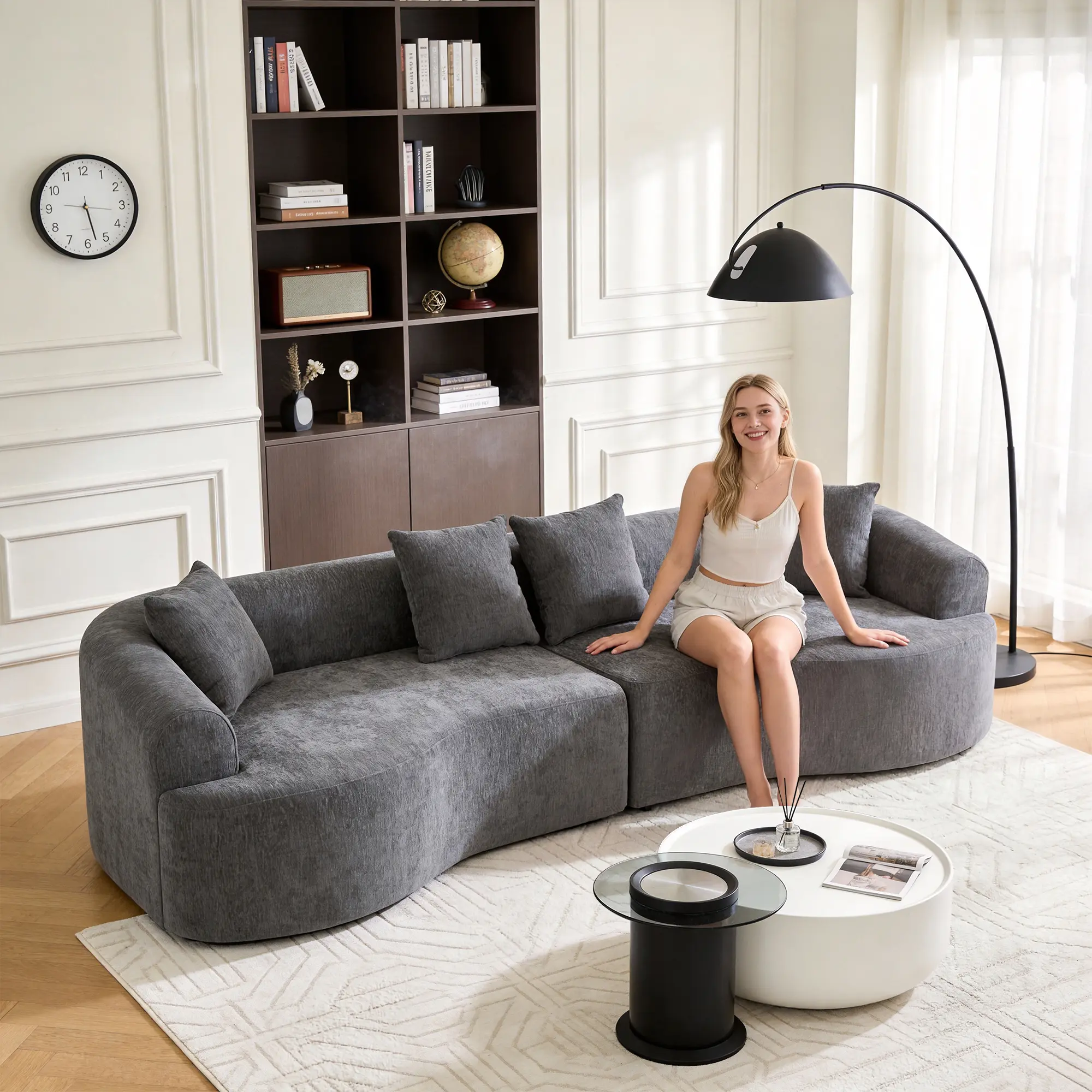 Niccae Casual 108in Modular Curved Sectional Sofa - Boneless Cloud Couch with High-Density Foam, Chenille Fabric, No-Frame Design, Sleeper Lounge for Living Room, Apartment, 108 In