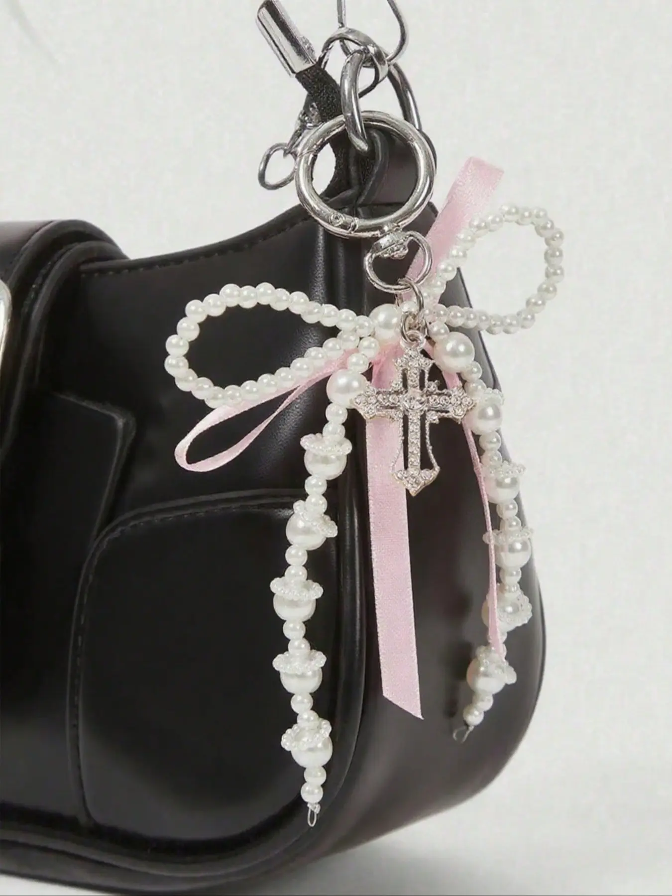 Y2k Pink Ribbon Bow Pearl Diamond Cross Pendant Keychain, Bling Bling Keychains, Girly Bag Charms, Accessories For Backpacks, Wallets, Mobile Phones, Gift Bags, Gifts To Friends, Birthday Gifts