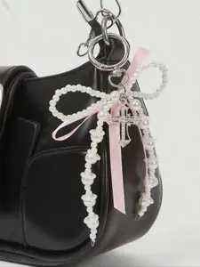 Y2k Pink Ribbon Bow Pearl Diamond Cross Pendant Keychain, Exquisite Girly Bag Charms, Cute Bag Charms - Beautiful Accessories For Backpacks, Wallets, Mobile Phones, Gift Bags , Daily School Use,  Gifts To Friends, Birthday Gifts, Teacher's Day Gifts,