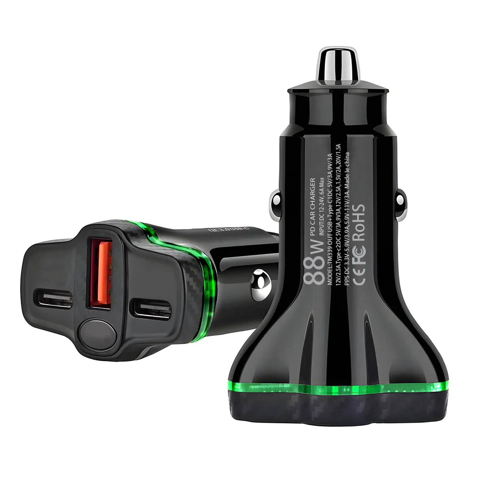 【HiEHA】88W 3-Port Super-Fast Car Charger, Dual PD30W USB-C & 18W USB-A, Supports PD QC AFC PPS FCP, Multi-Device Simultaneous Charging, Compatible with iPhone iPad Samsung