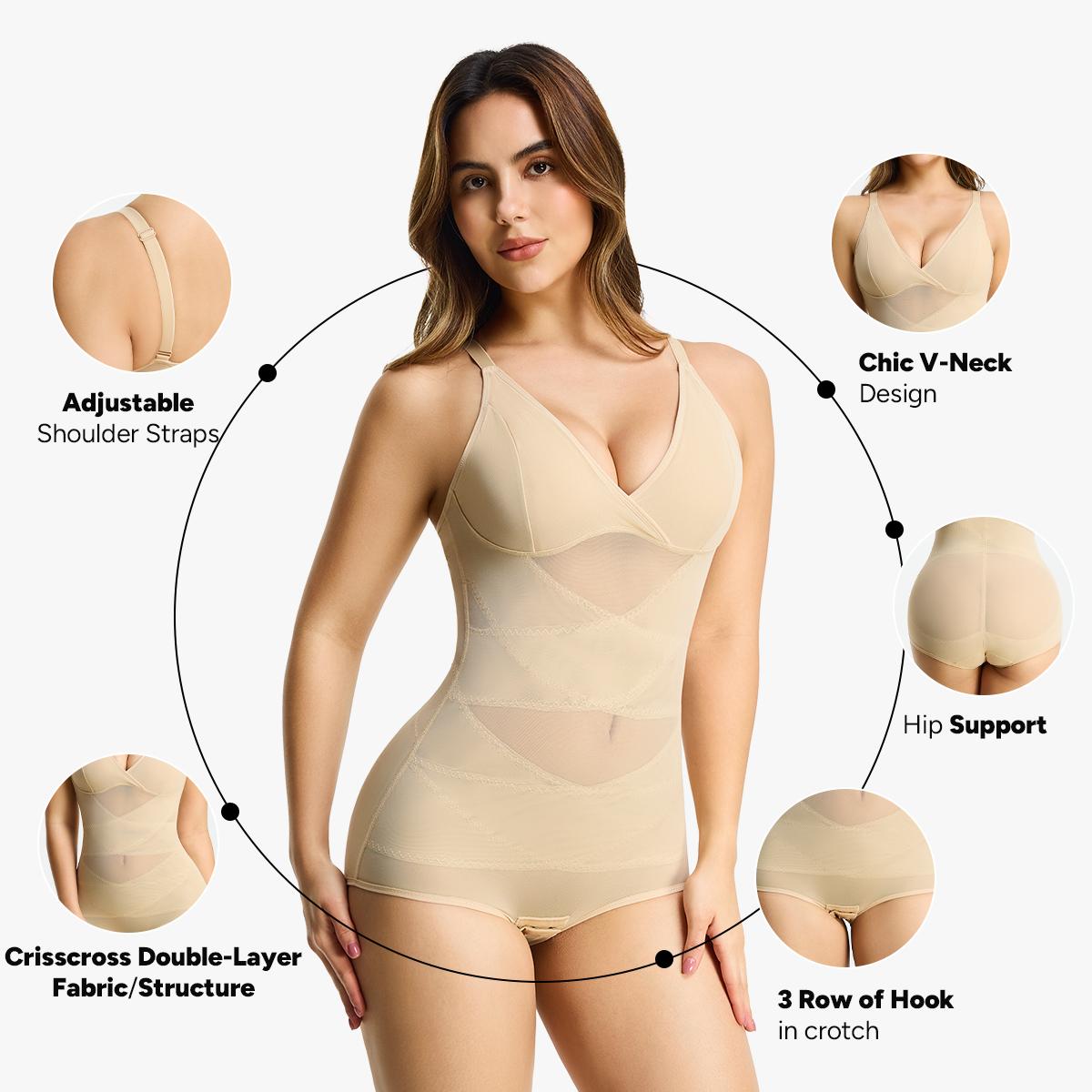 [MAX] Nebility Women's Vneck Bodysuit Shapewear - Built-in Bra, Mesh Breathable Compression, Sleeveless High Waisted, Basic Minimalist Comfort Womenswear Black&Black summerwins