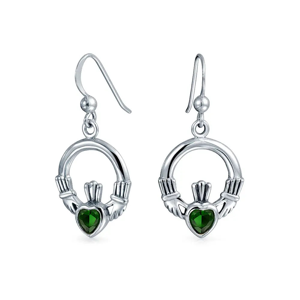 Friendship BFF CZ Heart Circle Claddagh Dangle Earrings Silver Fish Hook