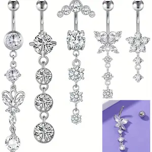 5PCS 14G Dangle Belly Button Rings - Surgical Steel Silver and Rose Gold CZ Piercing Jewelry for Women