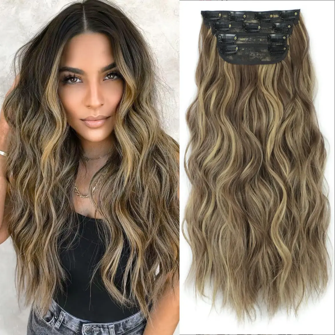 Plodon Golden Brown Clip-in Hair Extensions - 24/20/16-in Invisible Synthetic Hairpiece, Double-layer Weft, Secure Non-slip Fit, Long Wavy Hair Accessory for Women's Fashion, Hair Extension