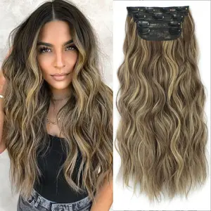 Plodon Golden Brown Clip-in Hair Extensions - 24/20/16-in Invisible Synthetic Hairpiece, Double-layer Weft, Secure Non-slip Fit, Long Wavy Women's Hair Extensions for Fashion