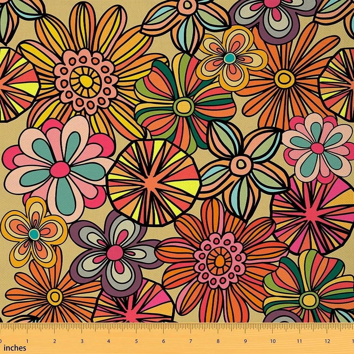 Boho Style Fabric Retro Watercolor Flowers Rustic Plant Home DIY Fabric Tribal Abstract Bohemian Plants Soft Flannel Polyester No Stretch Fabric Quilting Sewing