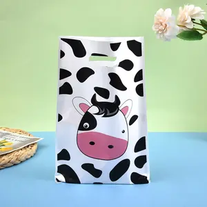 50 Cow Theme Plastic Gift Bags, Spotted Design, with Handles, Gift Wrapping, Perfect for Farm Party Favors and Gifts