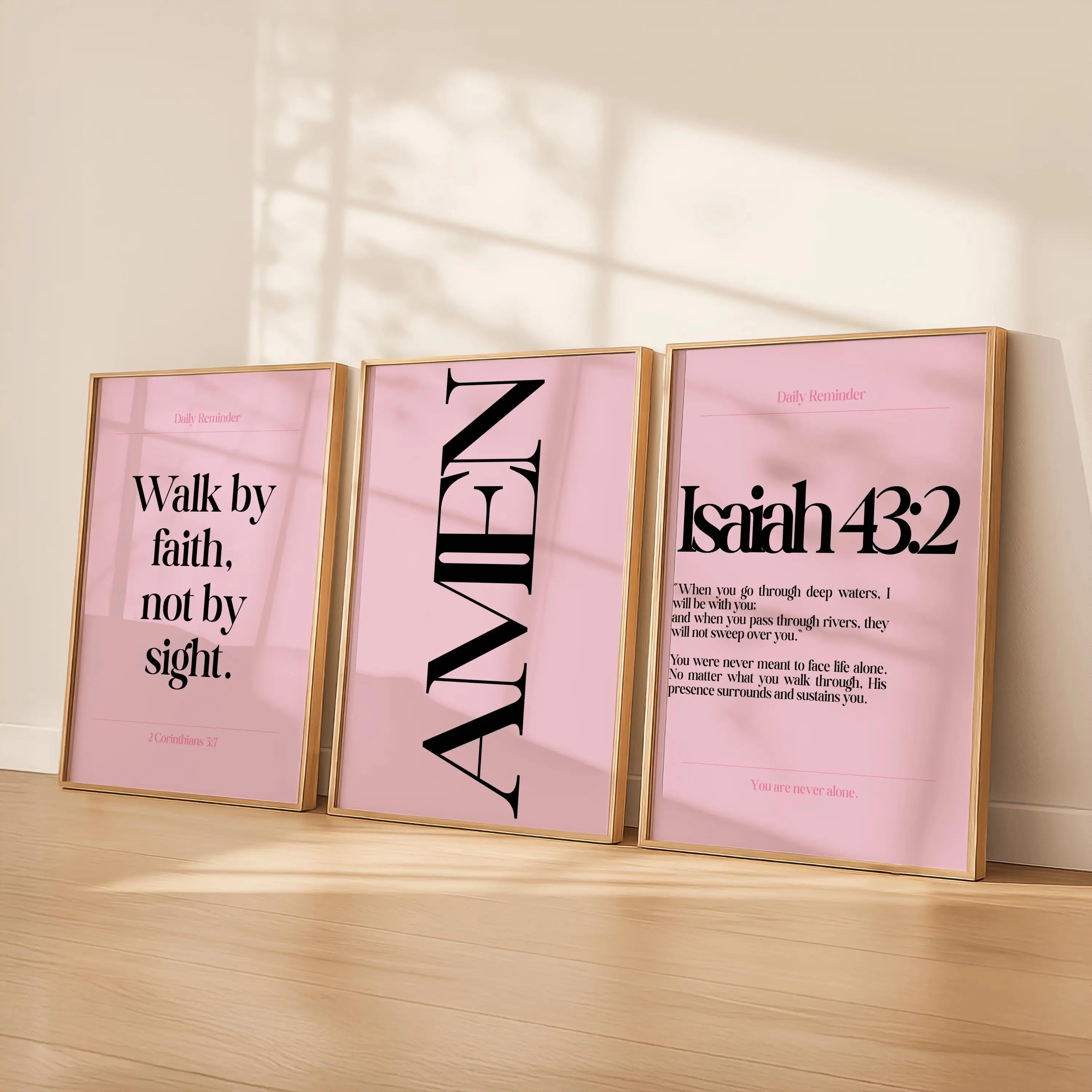 Daily Reminder Scripture Set of 3 Poster Unframed | Christian Bible Verse Prints | Walk By Faith | Amen | Isaiah 43:2 | Minimalist Pink Decor Digital Millie
