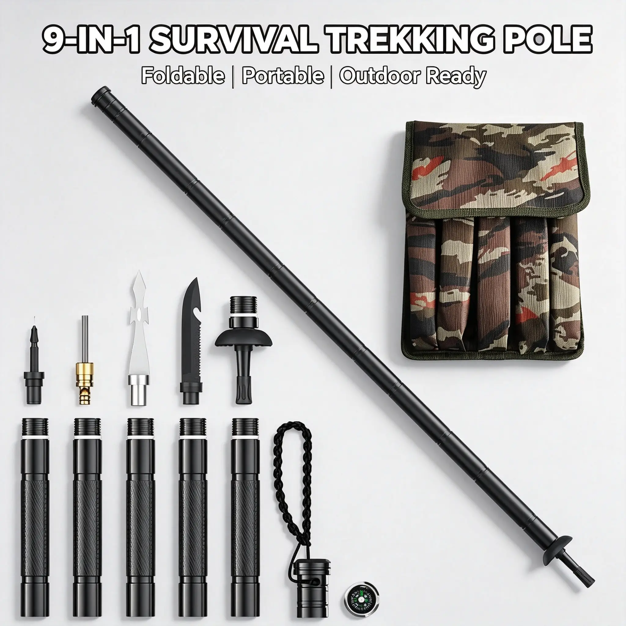 6-Section Detachable Modular Hiking Stick with Aluminum Tube - 9-in-1 Tactical Outdoor Gadget Survival Multi-Tool Trekking Pole, Fire Starter, Whistle, Blade, Compass, Storage Pouch, Compact Pack Size for Camping Emergencies