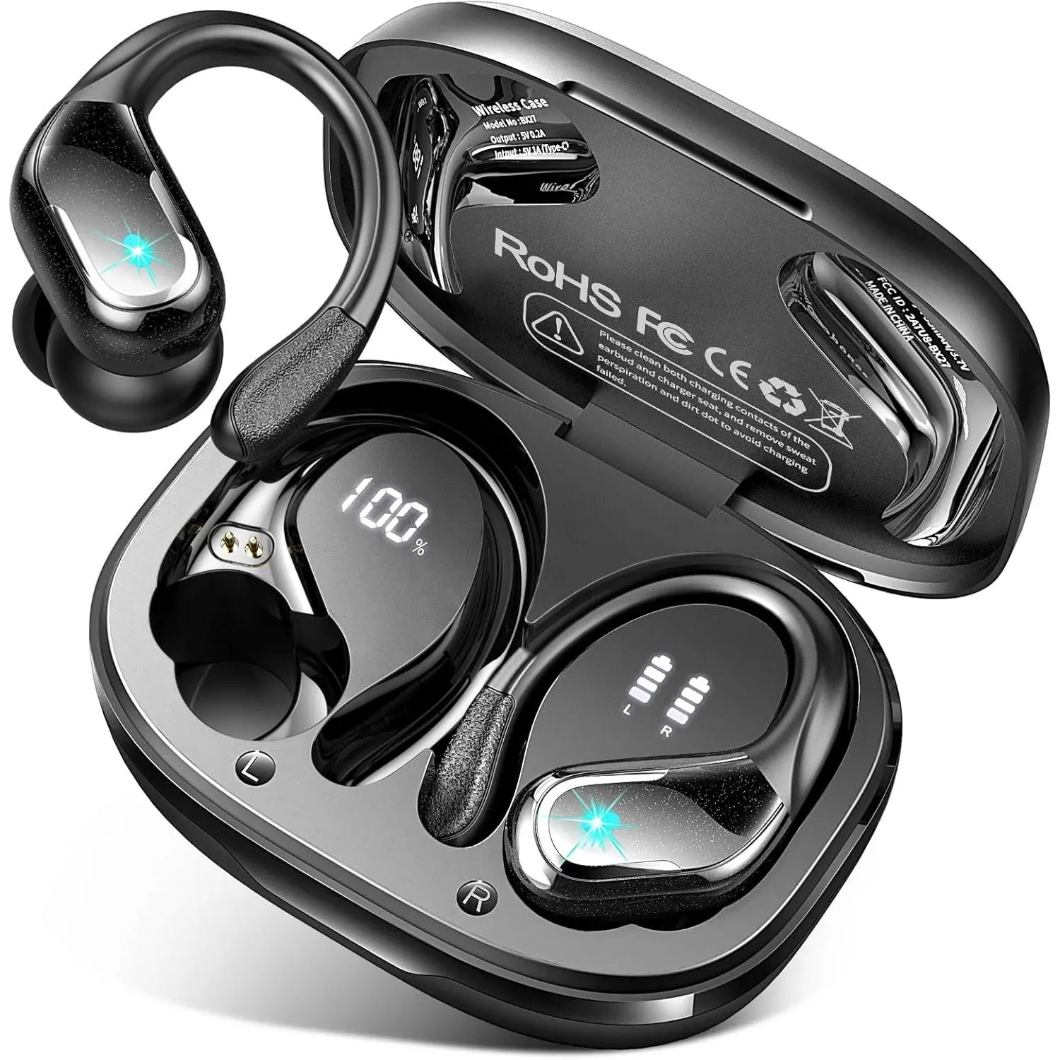Wireless Earbud, 75Hrs Bluetooth 5.4 Headphones IP7 Waterproof for Sport, Running Wireless Earphones with ENC Noise Cancelling Mics, Deep Bass Over Ear bud with Earhooks for Android, iOS, Workout, Gym