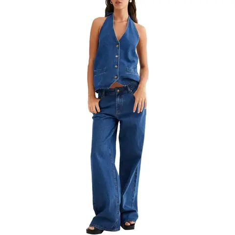 Tankaneo Women's Two Piece Denim Set Button Down Backless Tank Top and Wide Leg Jeans 2 Piece Outfit Suits
