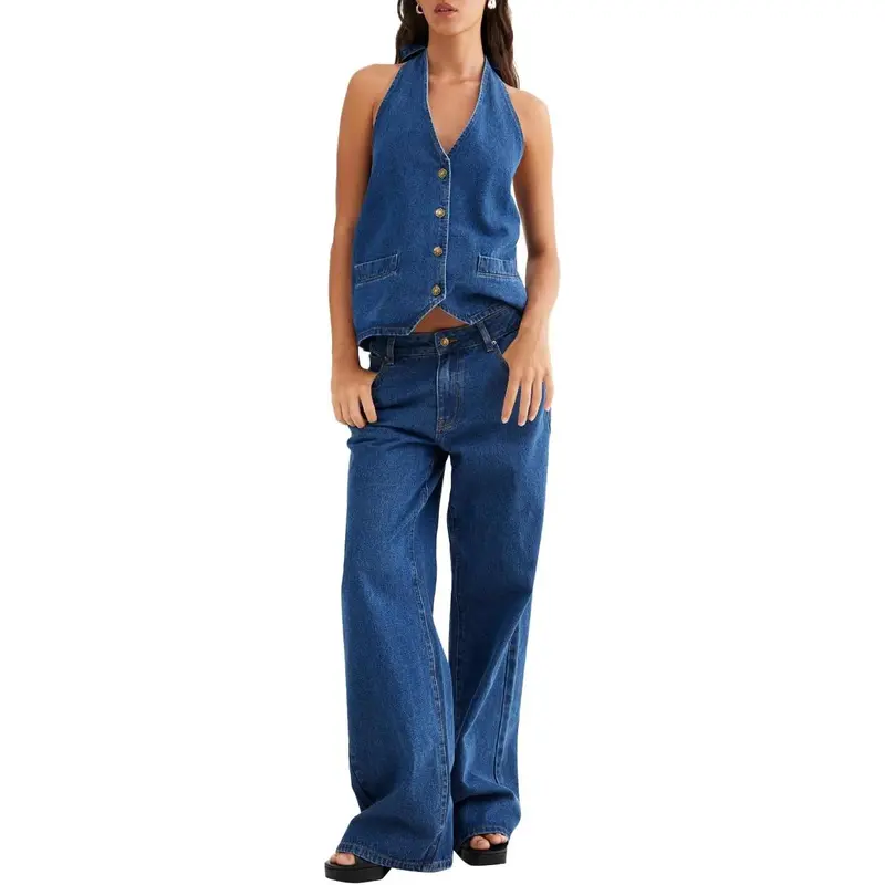 Tankaneo Women's Two Piece Denim Set Button Down Backless Tank Top and Wide Leg Jeans 2 Piece Outfit Suits