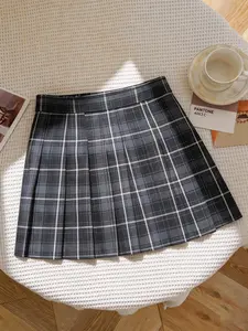 Black & Gray Plaid Pleated A-Line Mini Skirt.Color-Block Diagonal Plaid Skirt.Preppy Style, Y2K, American Retro, Hot Girl Style, Commute & Casual Style.Ideal for daily outings, afternoon tea, dates, music festivals, comic cons and other occasions