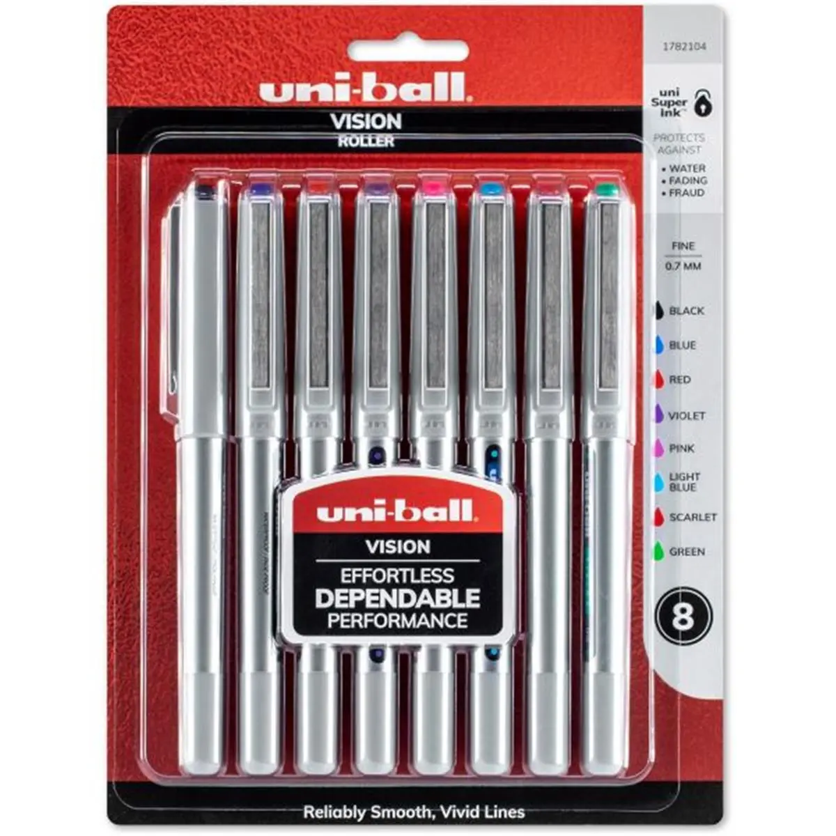 Uni-Ball Vision Rollerball Writing Pen - 0.7mm Sturdy Point, Assorted Vibrant Ink Colors, Smooth Write, Uncapped View, Case of 8, Assorted Colors