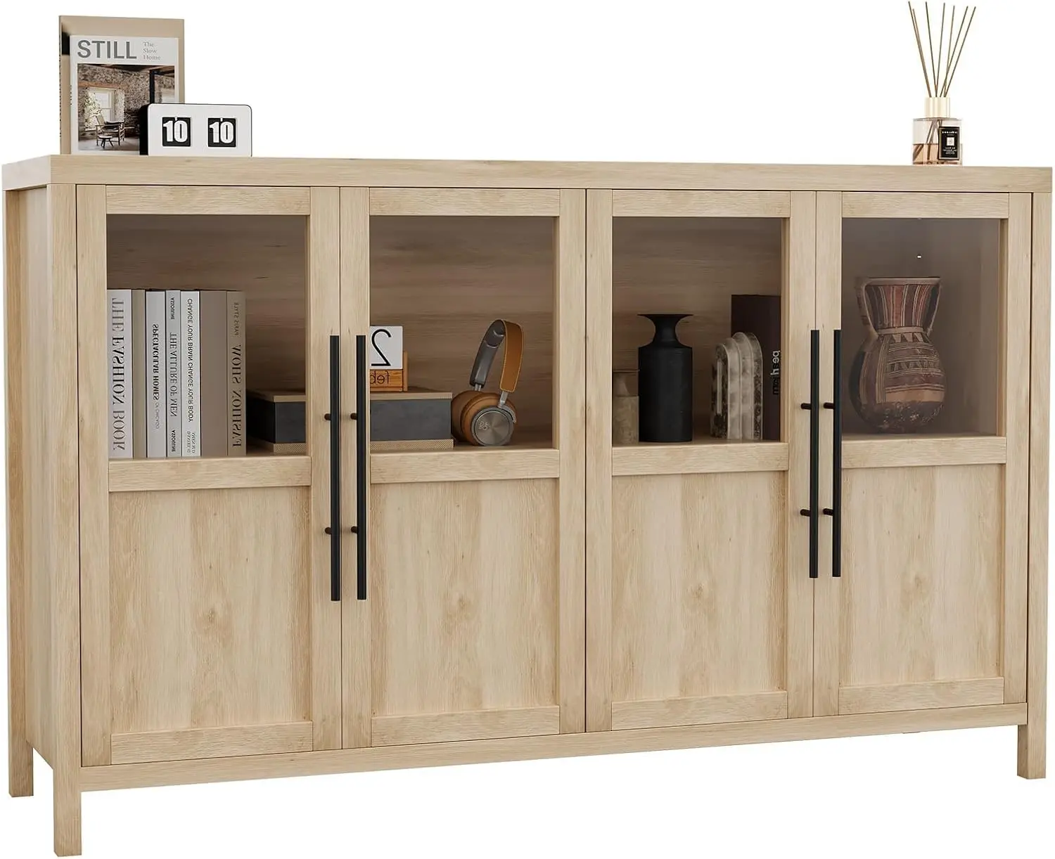 55-Inch Off-White Modern Farmhouse Sideboard Buffet Cabinet - Engineered Wood, 4 Glass Doors, Easy Setup, Large Storage for Kitchen, Dining Room