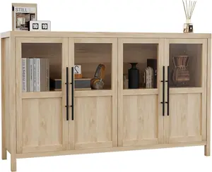 Off-white 55 Inch Sideboard Buffet Cabinet with Four Glass Doors Large Modern Farmhouse Storage for Kitchen Dining and Living Room Natural