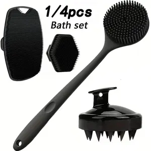 1/4 Pcs Shower Brush Set, Gentle Frosted Long-Handle Body Brush with Silicone Soft Bristles, for Back, Body and Scalp Massage, Non-Slip Grip Exfoliating Shower Scrubber, Silicone Bath Brush for Effective Skin Cleansing and Dead Skin Removal