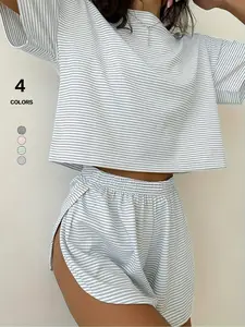Women's 2-Piece Set Casual Loose Fit Knitted Top & Shorts, Striped Design, Side Slit Hem, Perfect for Home Wear