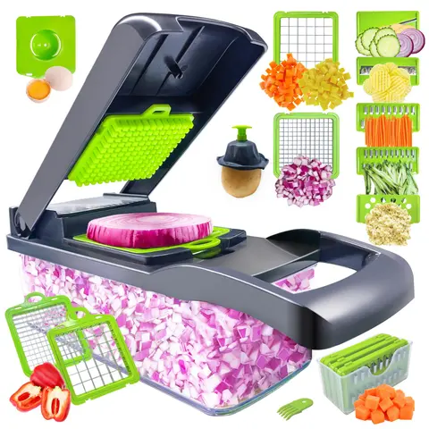 8-Blade Stainless Vegetable Cutting Slicer Dicer Chopper with Container, Kitchenware Onion Cutter, Essential Kitchen Utensil (Dark Gray)
