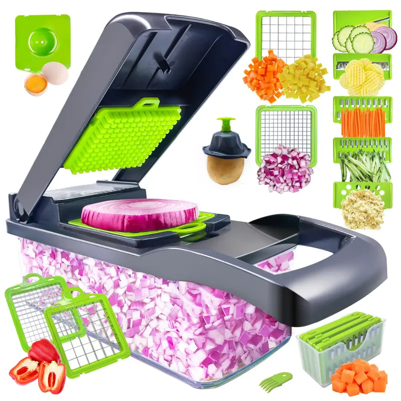 8-Blade Stainless Vegetable Cutting Slicer Dicer Chopper with Container, Kitchenware Onion Cutter, Essential Kitchen Utensil (Dark Gray)