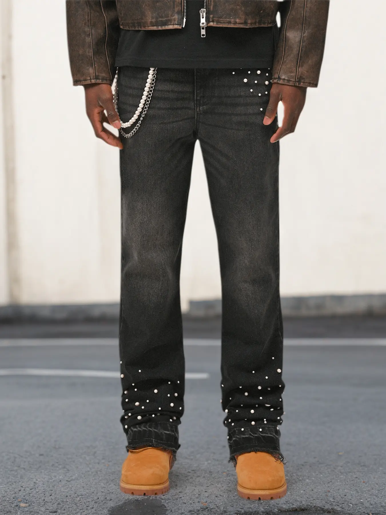 Men's Gradient Beaded Denim Jeans, Heavy Craft Sequined Flare Style, Casual Elastic Bell Bottoms, Comfortable Fashion Design, All Seasons