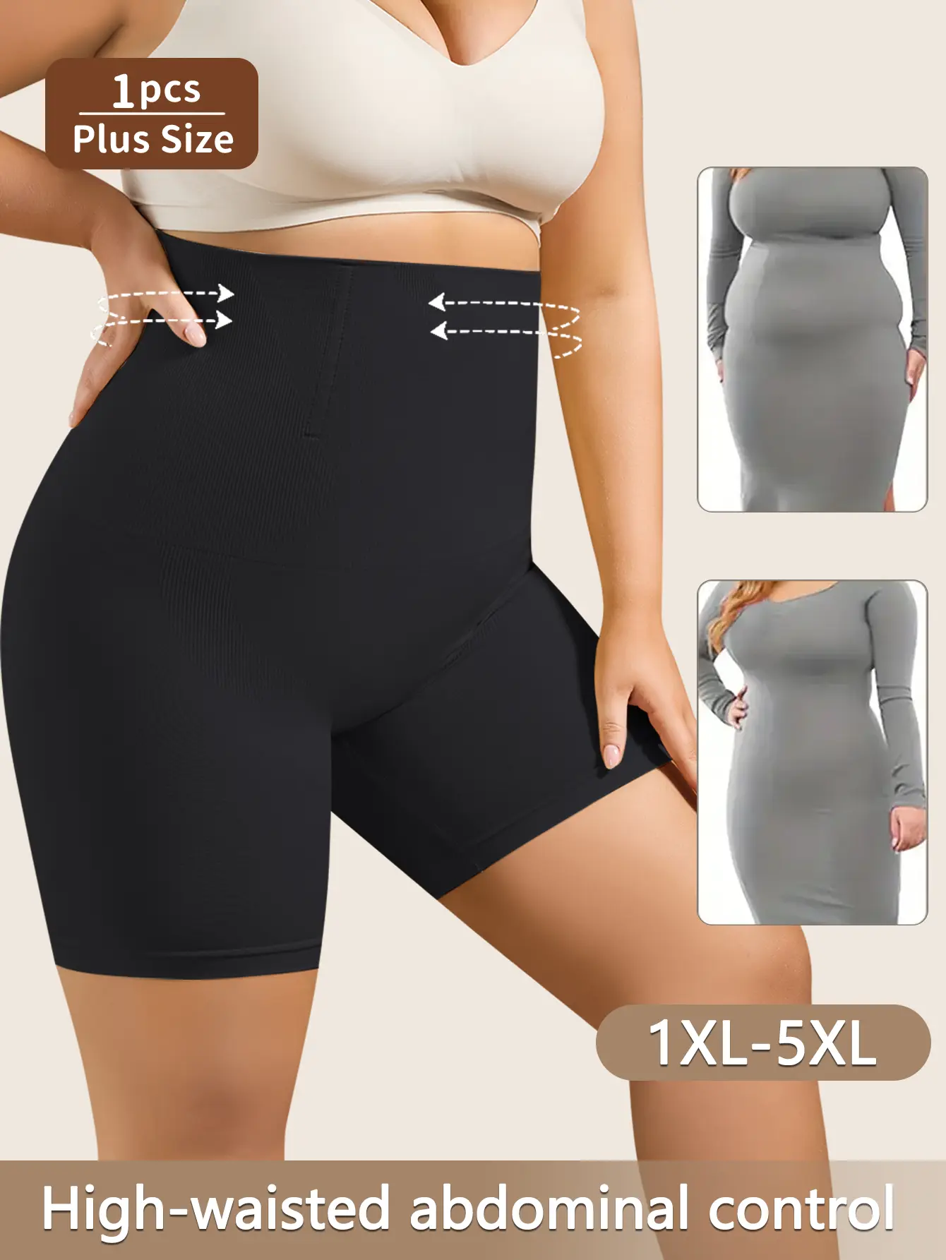 1 pc plus-size women’s high-waisted tummy control shapewear shorts, seamless abdominal control body shaper panties, soft, stretchy, breathable slimming underwear for everyday wear, dress, work, and postpartum comfort