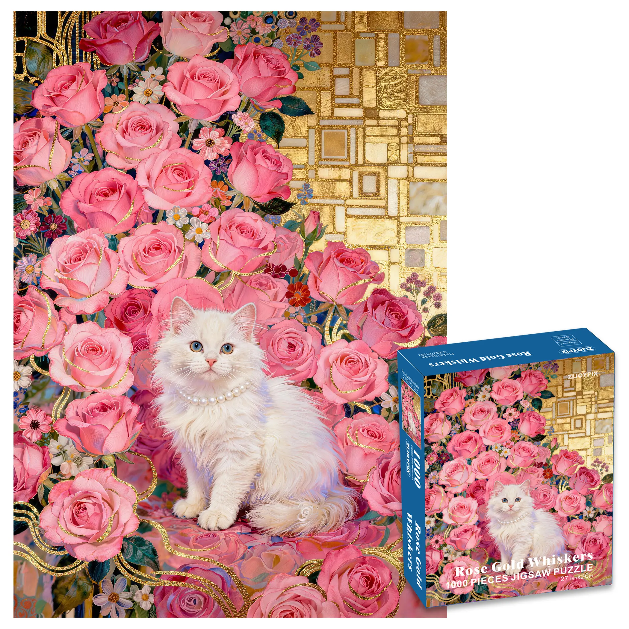 1000-Piece Cat and Roses Jigsaw Puzzle for Adults, Cozy Hobbies Aesthetic Pink Floral Art Gift Puzzle