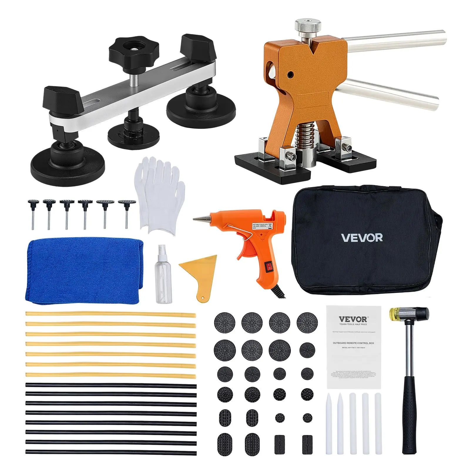 【Father's Day Gift】60PCS Paintless Dent Removal Kit, Car Repair Set with Golden Lifter, Bridge Puller, Rubber Hammer, Hot Melt Adhesive Tool for Hail Damage, Refrigerator Door Dings