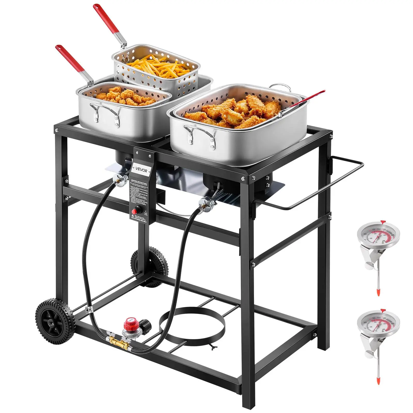 【Summerfinds】VEVOR Outdoor Propane Deep Fryer,  , Dual-Tank 18QTx2 Commercial Fryer, Multi-Purpose Portable Frying Cart with Wheel, 3 Basket, 2 Thermometer, Stainless Steel Cooker for Fish Fry Wings Fries, 40,000 BTU