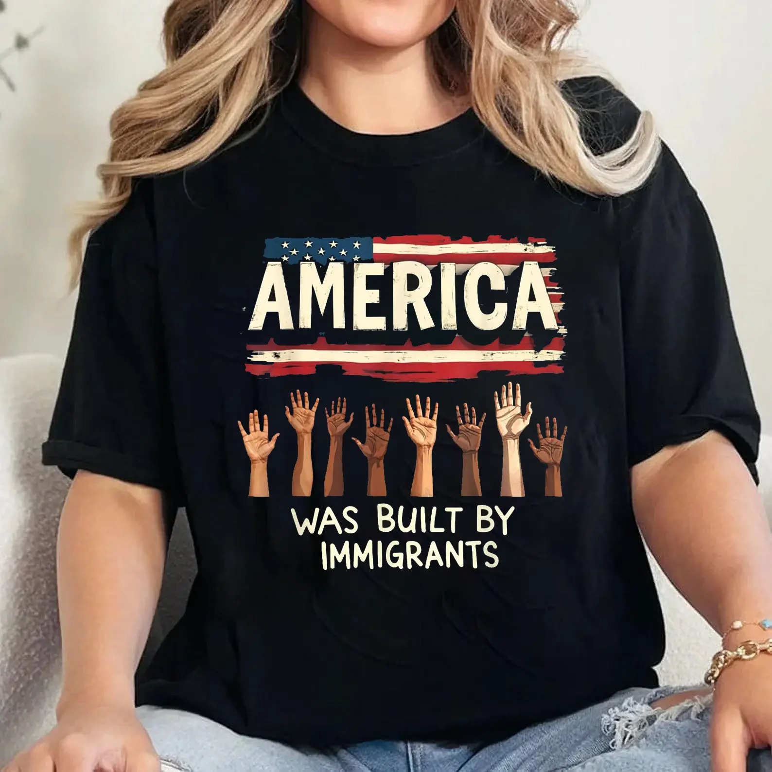 100% Cotton America Was Built by Immigrants Diversity Immigration Rights T-Shirt