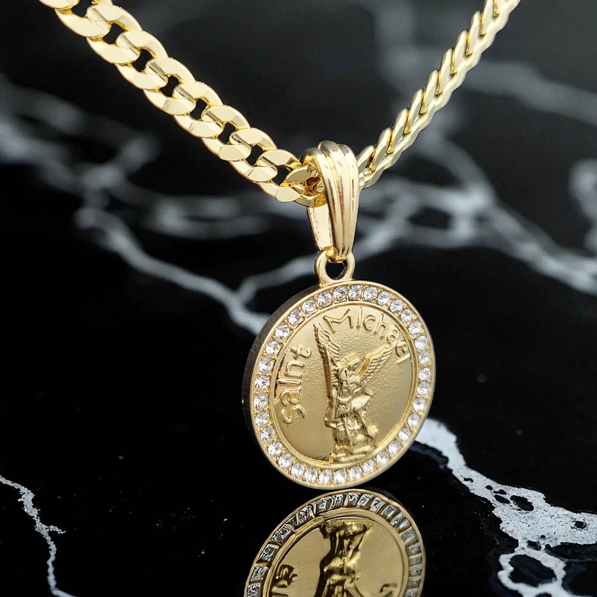 MaxBling81 Saint Michael Archangel CZ Medal Pendant Necklace, High-End 14K Stamped 6mm Cuban Chain (20"/24"), Hip Hop Inspired Celebrity Style, Unisex Daily Wear Fashion Costume Jewelry