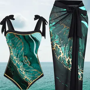 Women's One Piece Swimsuit Tropical Print - Elegant Bathing Suit Two Piece Set Swimwear For Vacation, Beach, Pool - UPF 50+ Sun Protection, Adjustable Straps, Soft Stretchable Fabric, Chlorine-Resistant, Sizes S-XXL