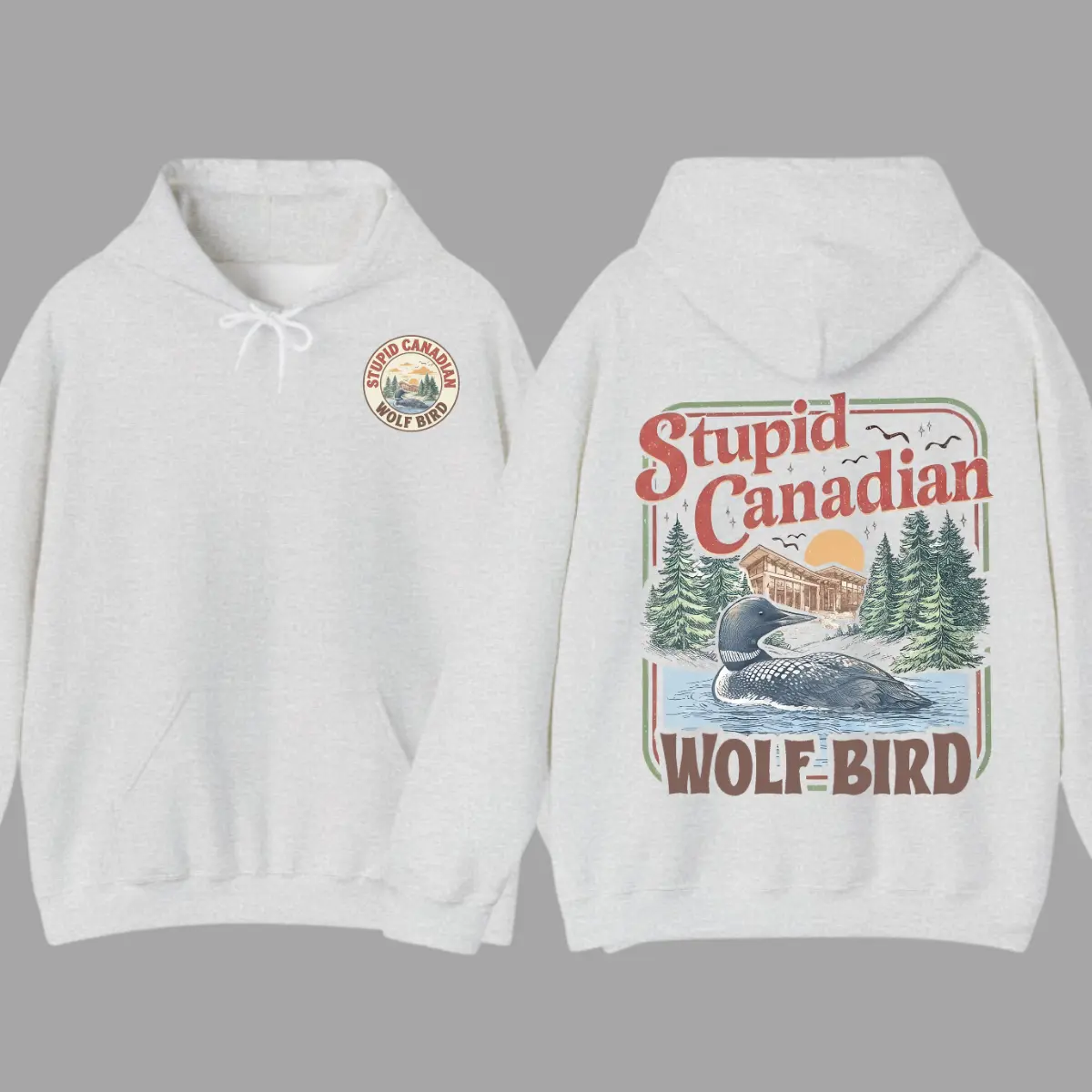 Vintage Stupid Canadian Wolf Bird Hoodie, Retro Loon Graphic Sweatshirt, Aesthetic Outdoorsy Book Lover Gift, Cozy Winter Hoodie