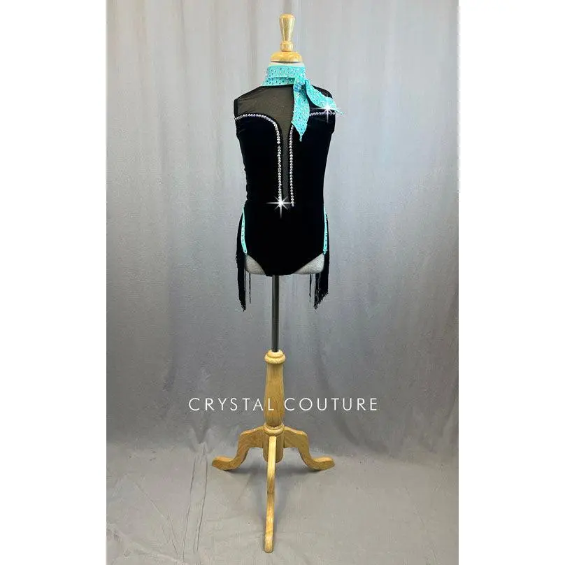 Black Velvet Leotard with Mint Green Trim and Rhinestones