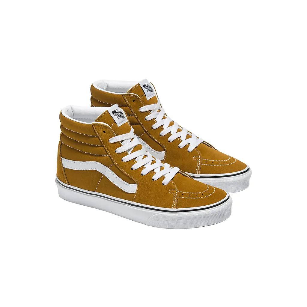 VANS Men's Sk8-Hi High-Tops, Color Theory Golden Brown Suede & Canvas with Padded Ankle Collar, Sidestripe™, and Rubber Waffle Outsole for All Seasons, Casual, High Top, Lace-Up, Shoes, Round Toe, Wedge, Sporty Chic, Multicolour Suede Casual Trainers, Sne