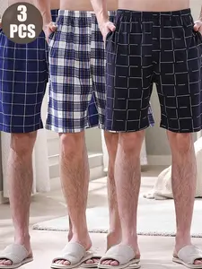 Summer Men's Homewear Pajama Shorts Set, 3-Piece Checkered Print with Pockets, Polyester Blend Casual Lounge Pants