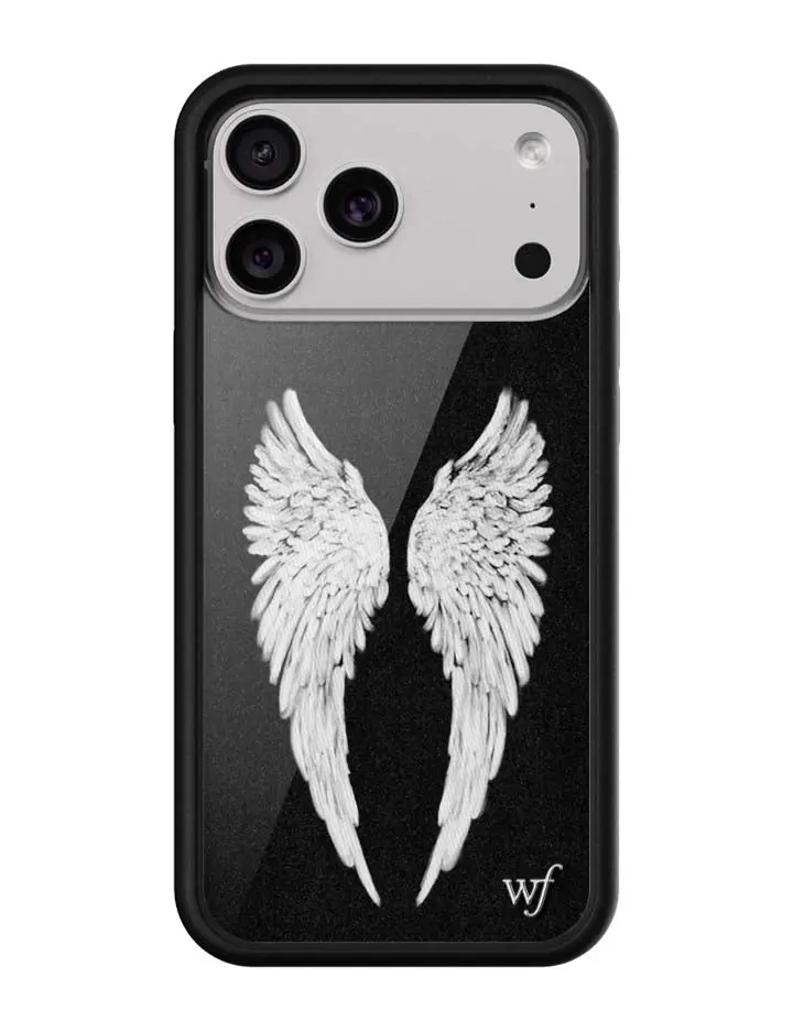 Black Angel Baby | Limited Edition Trendy iPhone Case | Raised Protective Black Bumper | Women Owned Small Business | Dark Black Background Angelic Feather Wings | Safety Casing Protective | Gift for Her, Custom, Protection, Durable