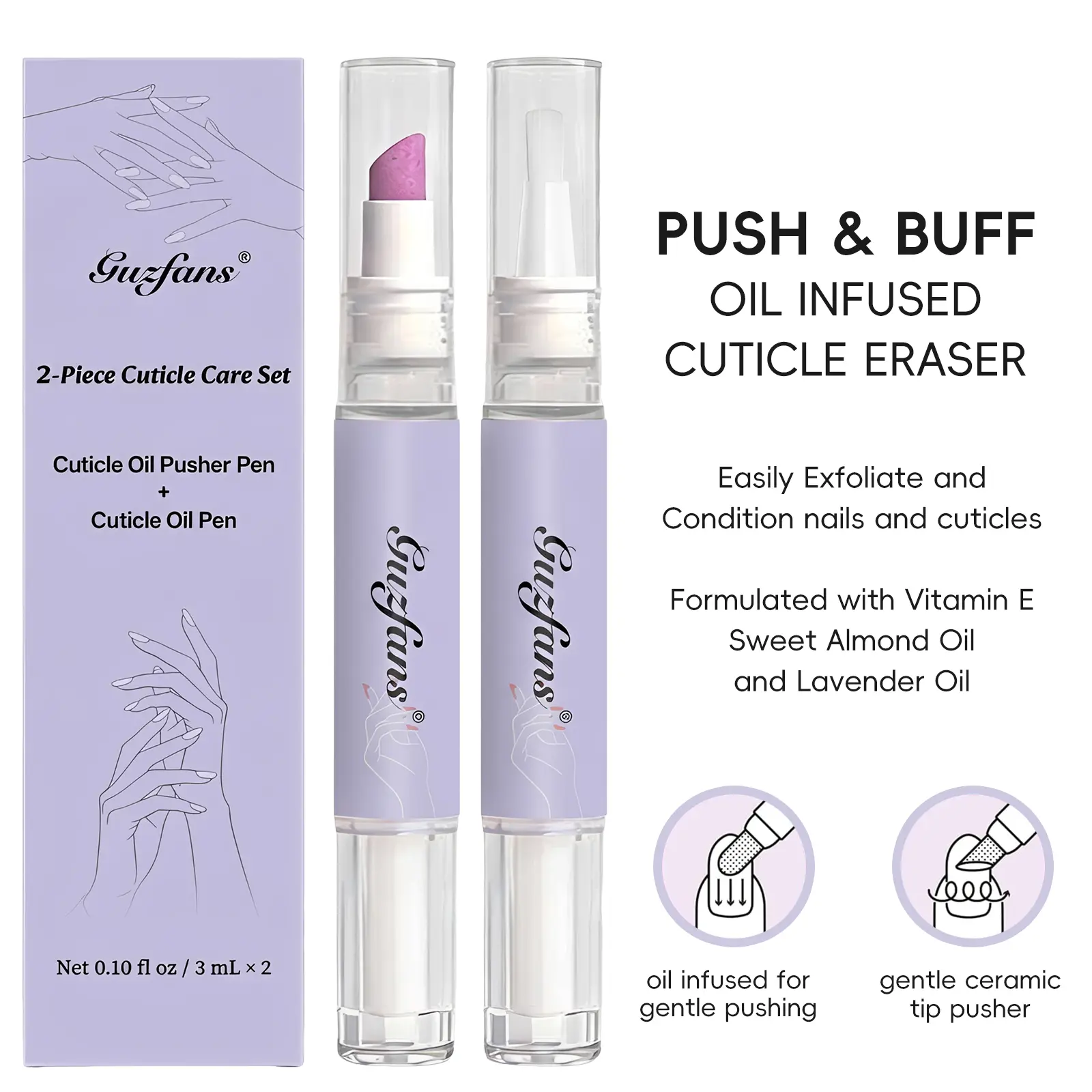 2-Pack Cuticle Oil Pen Set, Ceramic Cuticle Pusher Pen + Cuticle Oil Brush Pen, Lavender Scented, Hydrating Nail Care & Repair for Manicure, Salon & Home