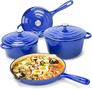 Elf Grill Enameled Cast Iron Cookware Set 7 Piece Biscay Blue Dutch Ovens Sauce Pan Skillet 3 Lids Ceramic Nonstick Heavy Duty Gas Induction Compatible PFA Free Kitchenware - Cooking