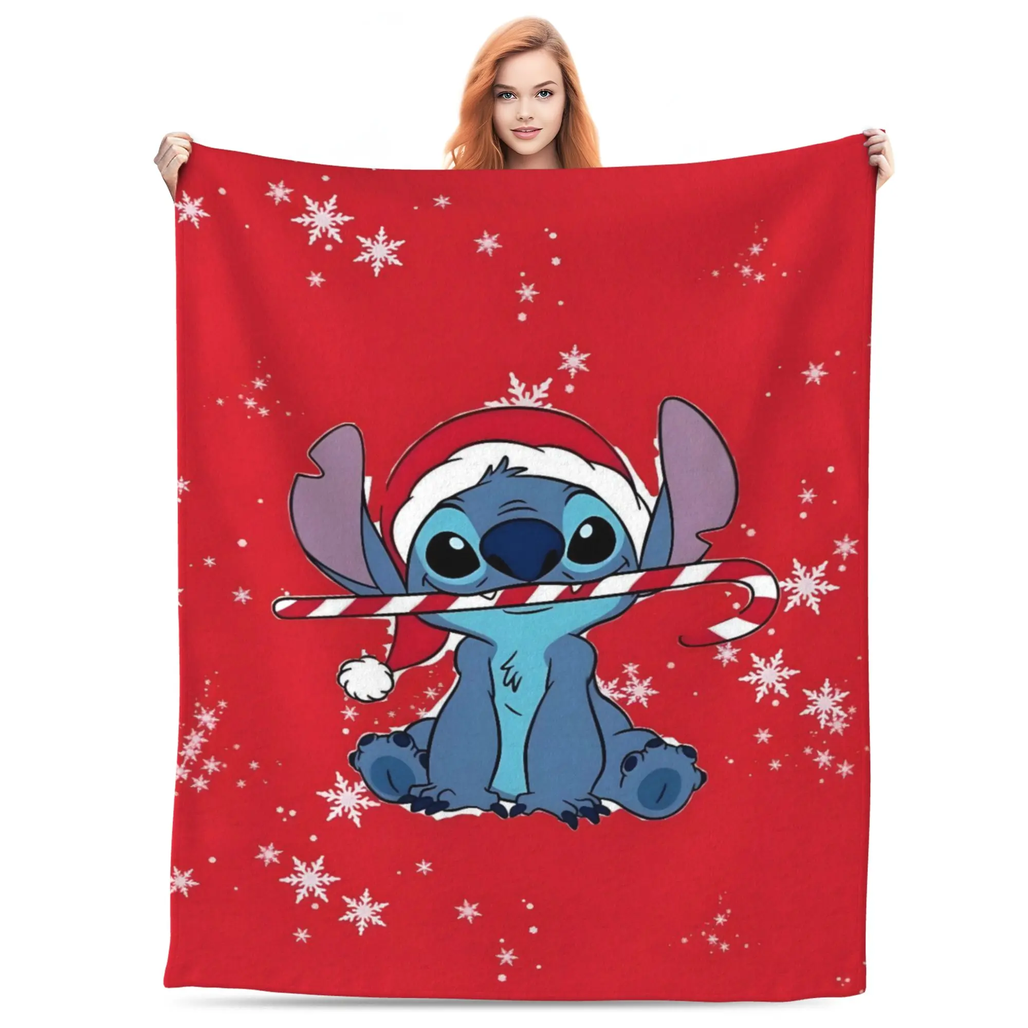 [SummerVibes] DISNEY CLASSIC Lilo & Stitch Christmas Candy Cane Soft Throw Blanket - Cozy Plush Holiday Blanket for Bedroom, Sofa, Christmas Decor & Gift