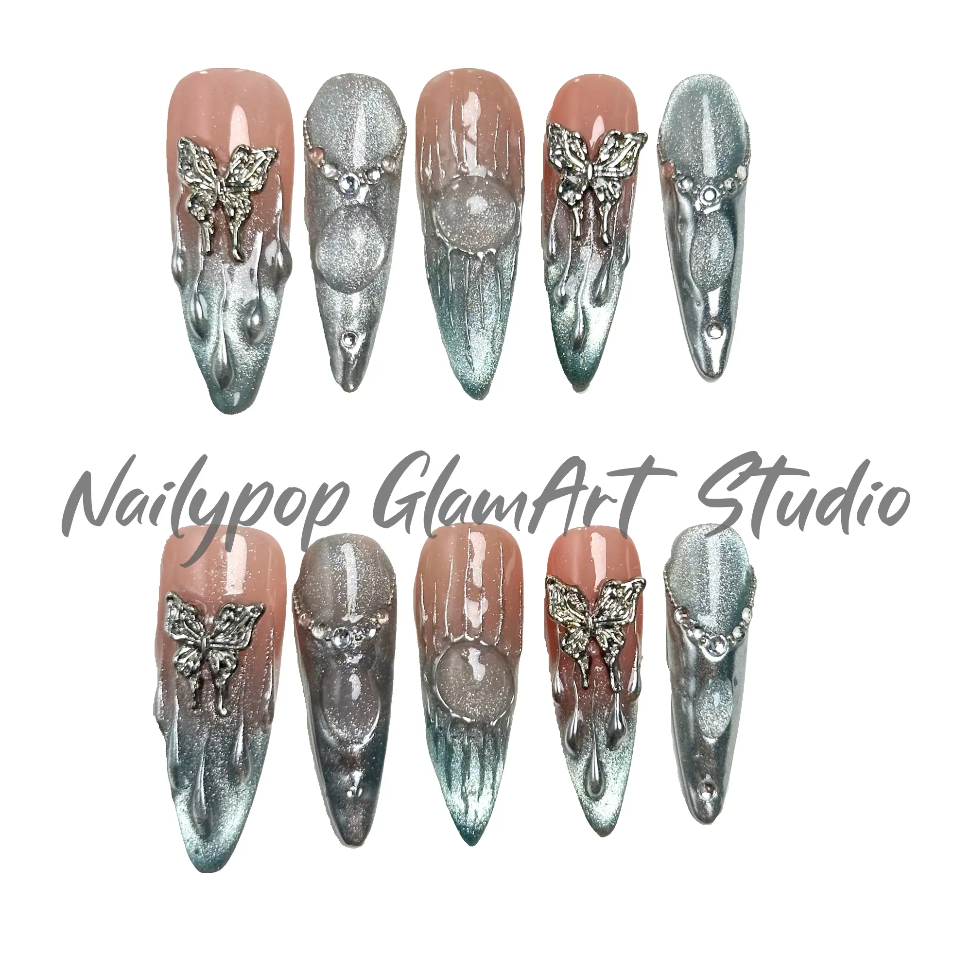 Nailypop｜BUTTERFLY REVERIE, 3D Handmade Press on Nails with Charms, Stiletto, Acrylic Nails,Detachable press on nails with Tool Kit, Illuminating Iridescent Glitter