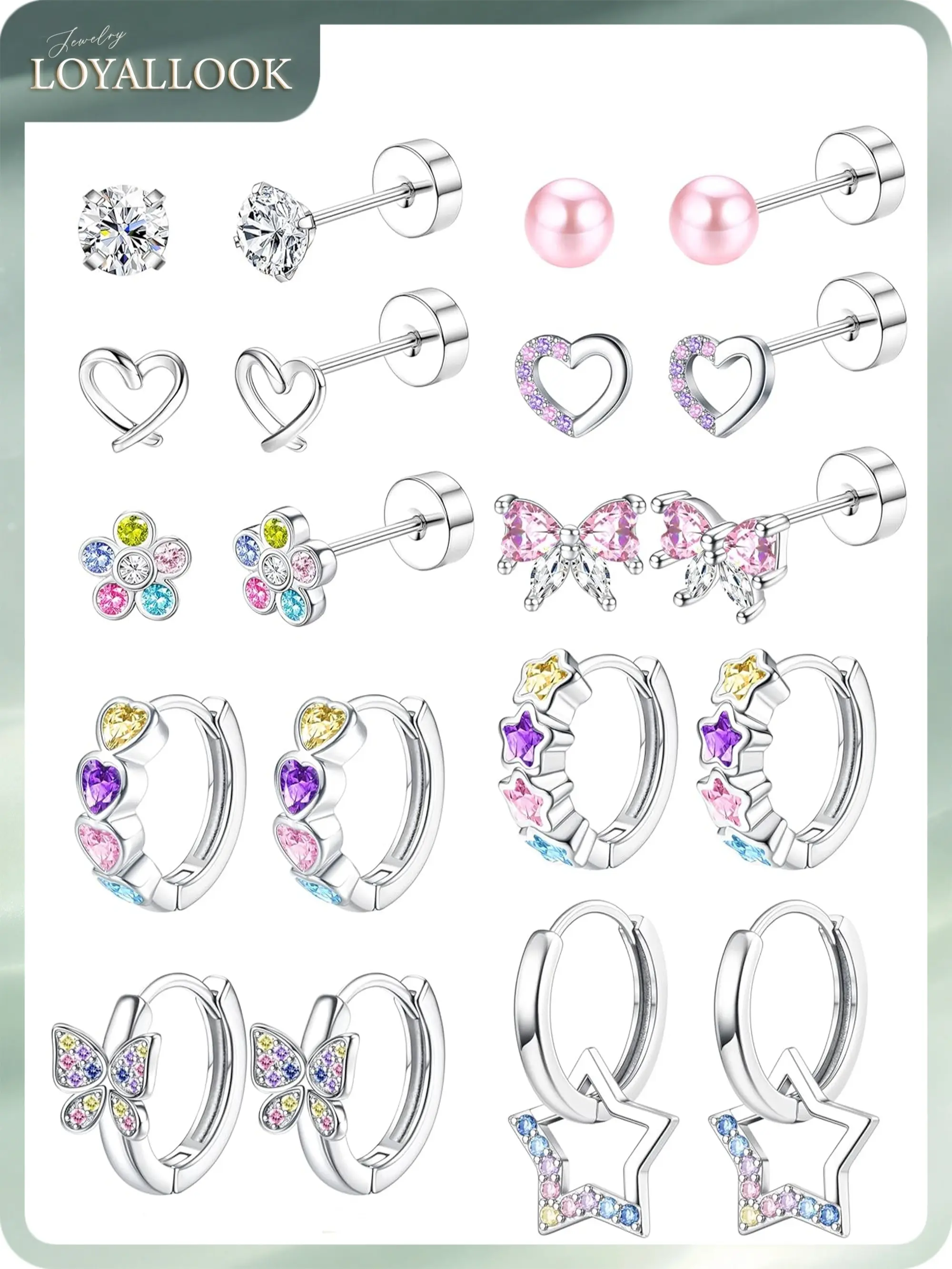 LOYALLOOK Hypoallergenic Stud Hoop Earrings for Girls Women Surgical Steel Flat Back Earrings Cute Kids Earring Colorful Cubic Zirconia Earring Set for Sensitive Ears