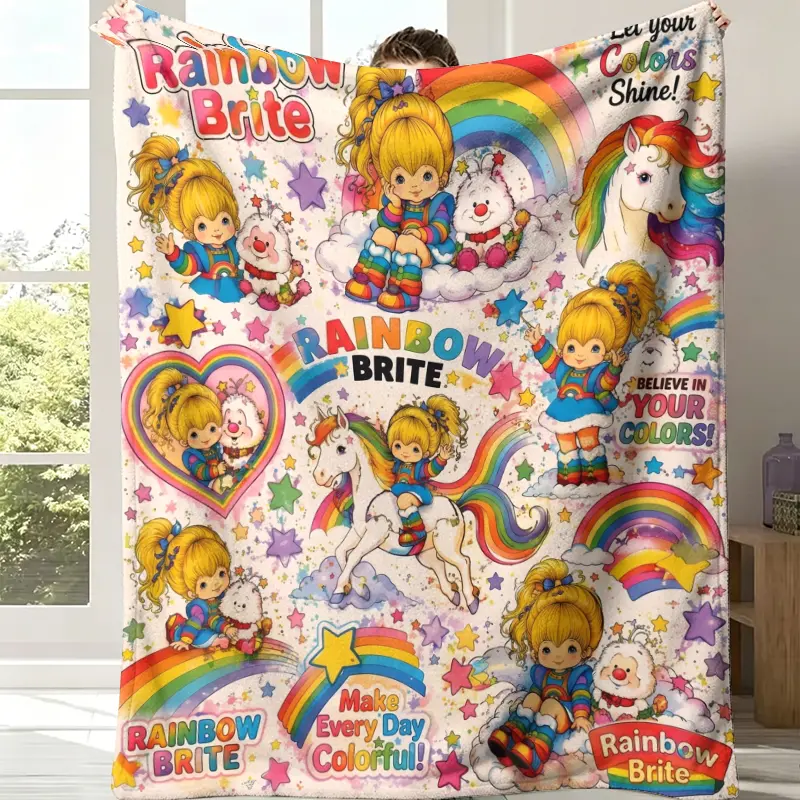 Rainbow Brite Full Character Repeat Flannel Throw Blanket - White Watercolor Splash Background,Retro 80s Cartoon Girl, Twink Sprite, Rainbow Unicorn, Star Heart, Soft Fleece, Pastel Kawaii Kids Bedroom Decor, All-Season Gift for Retro Fans, Cartoon Charm,