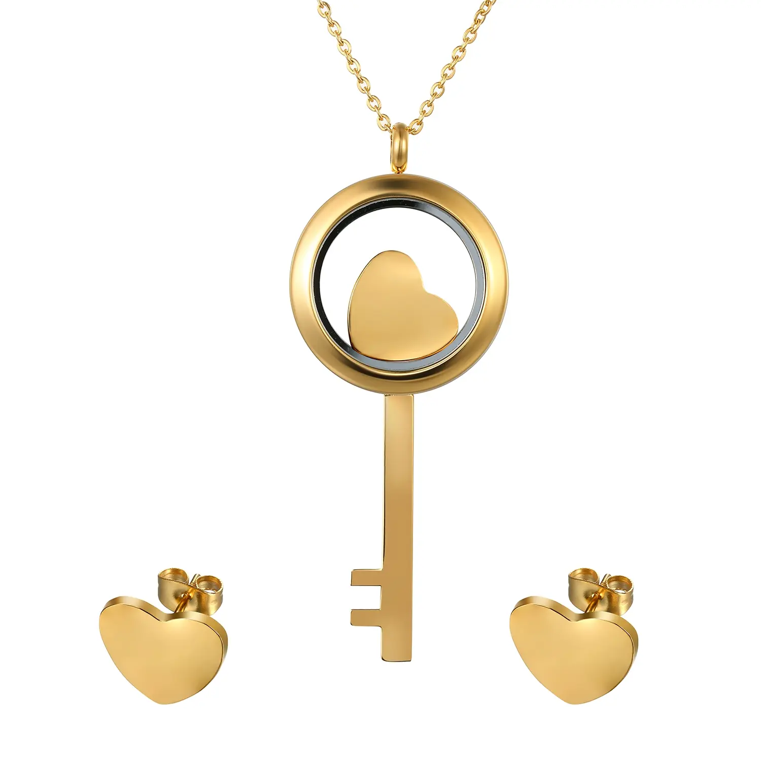 OIDEA Female Elegant Gold-Tone Stainless Steel Openable Locket Jewelry Set - Anniversary Gifts, 17.7"(45cm) Chain with Extender, 2.16"(5.5cm)x0.98"(2.5cm) Photo Display, Set Includes Necklace and Earrings