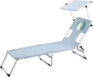 Folding Sunbathing Chair with Face Hole Adjustable Lounge Recliner Beige Outdoor Relaxation with Pillow and Canopy